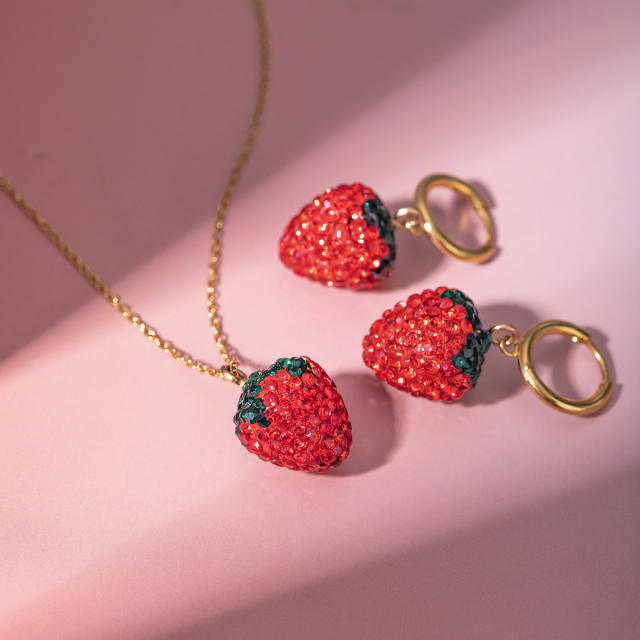 18KG spring summer cute strawberry pendant dainty stainless steel necklace set