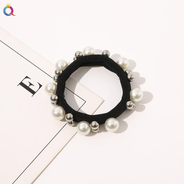 Elegant Houndstooth bow pearl bead women hair ties