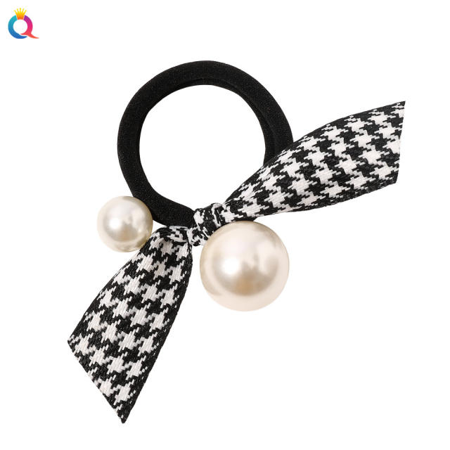 Elegant Houndstooth bow pearl bead women hair ties