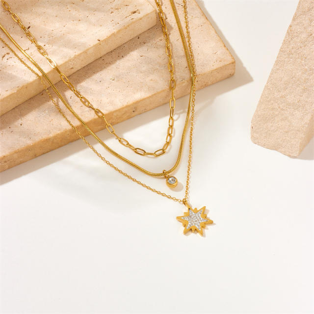 Dainty three layer diamond star charm stainless steel necklace
