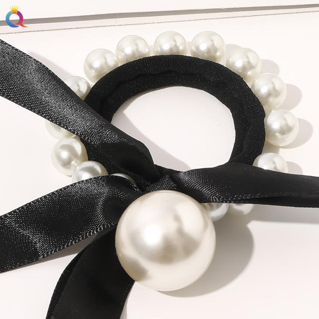 Elegant Houndstooth bow pearl bead women hair ties