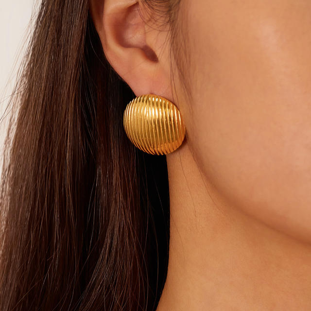 Chunky unique shell shape striped pattern stainless steel studs earrings