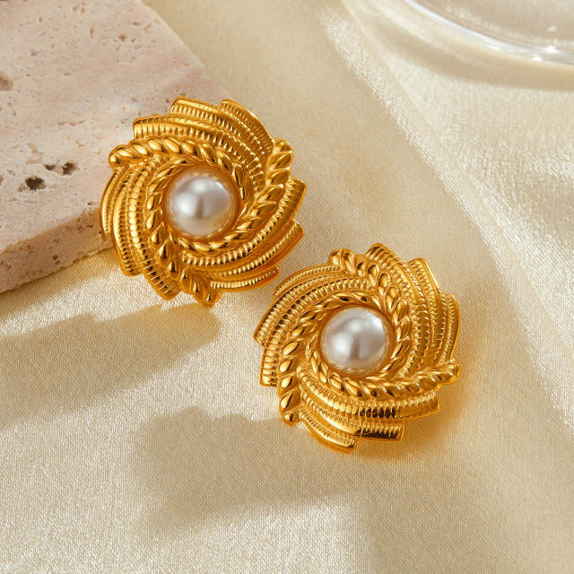 Hot sale chunky pearl flower stainless steel studs earrings vintage