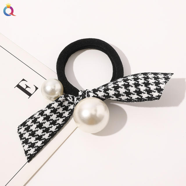 Elegant Houndstooth bow pearl bead women hair ties