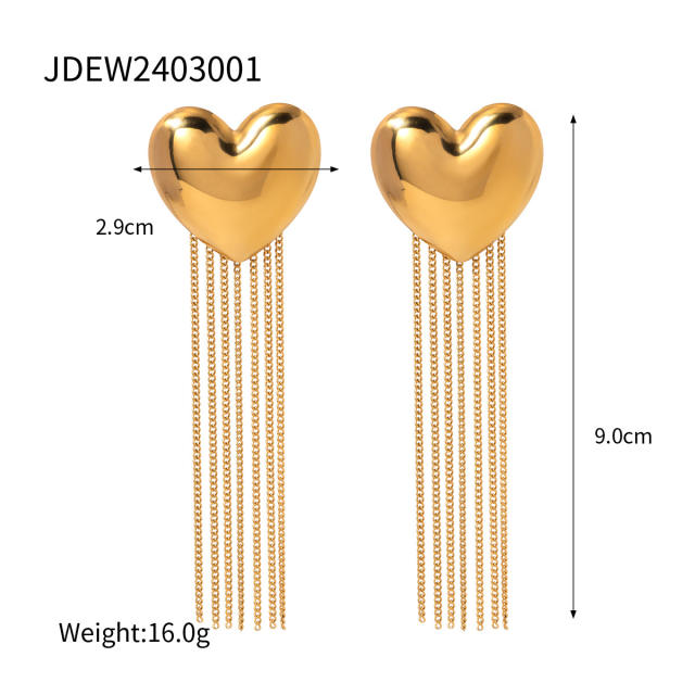 18KG chunky heart chain tassel stainless steel earrings