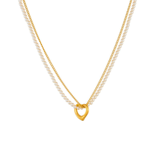 Korean fashion two layer pearl bead chain hollow heart stainless steel necklace