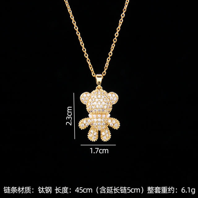 Cute diamond pearl bead bear pendant stainless steel chain necklace