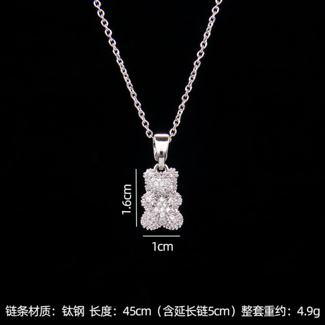 Cute diamond pearl bead bear pendant stainless steel chain necklace