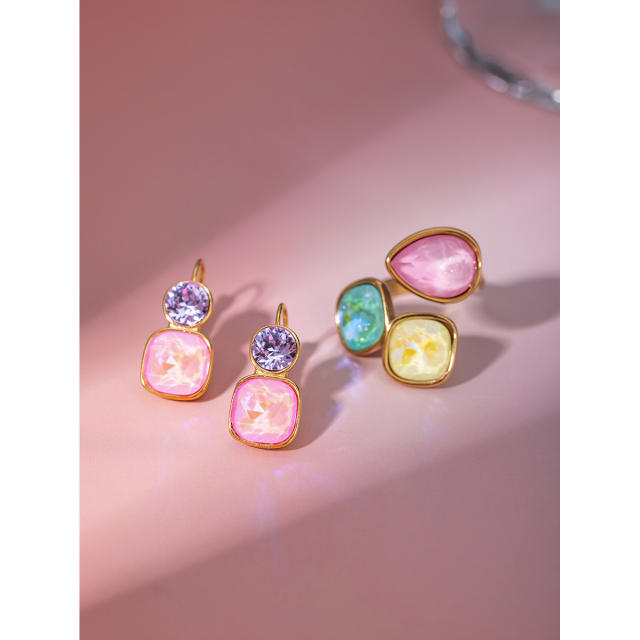 18KG spring summer colorful cubic zircon stainless steel earrings rings set