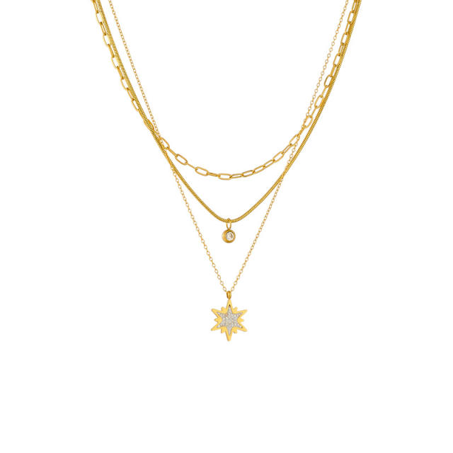 Dainty three layer diamond star charm stainless steel necklace
