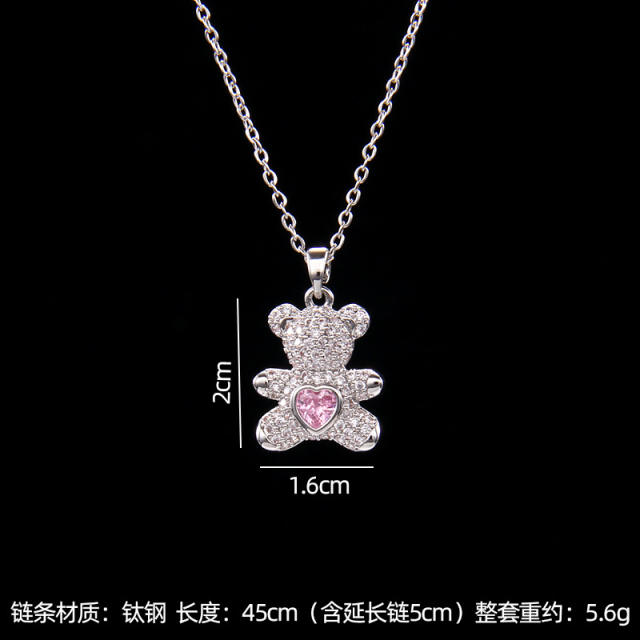 Cute diamond pearl bead bear pendant stainless steel chain necklace