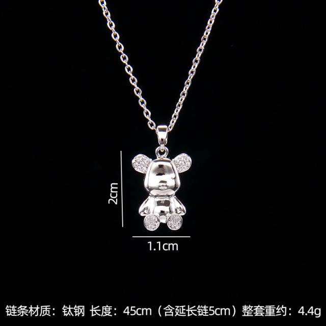 Cute diamond pearl bead bear pendant stainless steel chain necklace