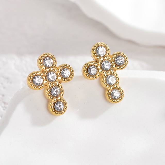 Delicate pearl diamond cross stainless steel studs earrings