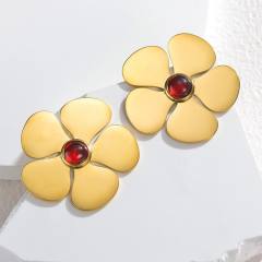 Chunky flower petal red cubic zircon stainless steel earrings