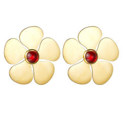 Chunky flower petal red cubic zircon stainless steel earrings