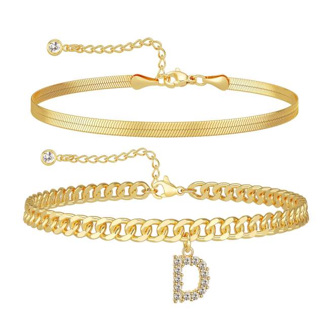 Summer hot sale two layer snake chain diamond initial letter charm stainless steel anklet
