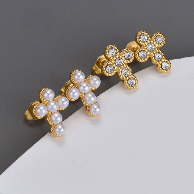 Delicate pearl diamond cross stainless steel studs earrings