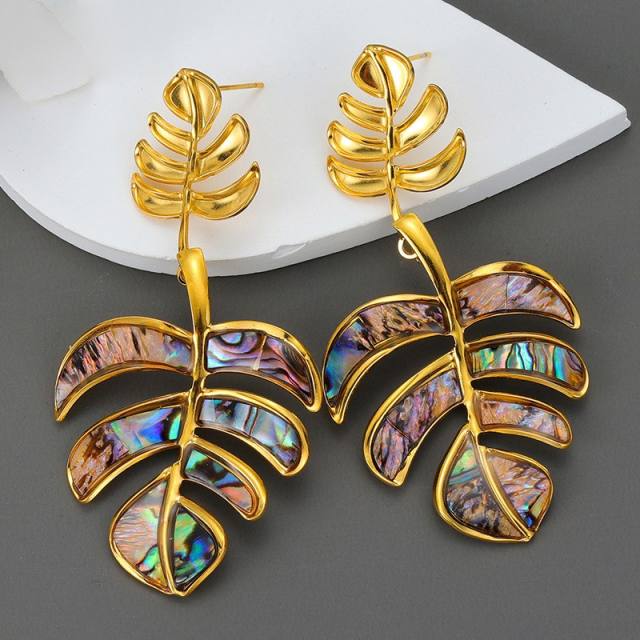 Chunky ocean beach trend palm leaf starfish stainless steel dangle earrings
