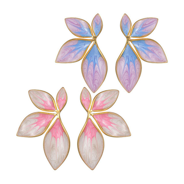 Summer color enamel flower petal stainless steel earrings