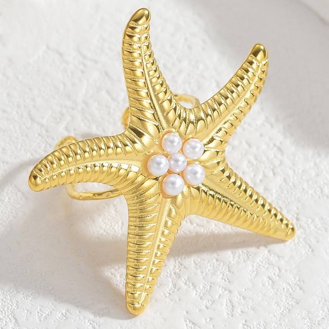 Chunky starfish shape pearl beaded stainless steel finger rings