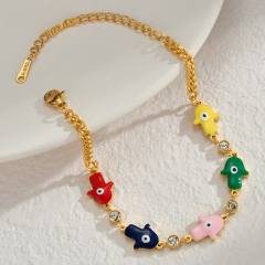 Boho color enamel evil eye hasma hand stainless steel bracelet