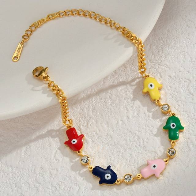Boho color enamel evil eye hasma hand stainless steel bracelet