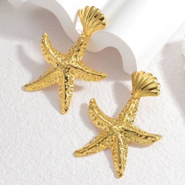 Chunky hot sale hammer pattern starfish stainless steel earrings