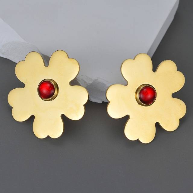 Chunky flower petal red stone statement stainless steel earrings