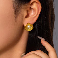 Summer ocean series pearl bead shell stainless steel earrings