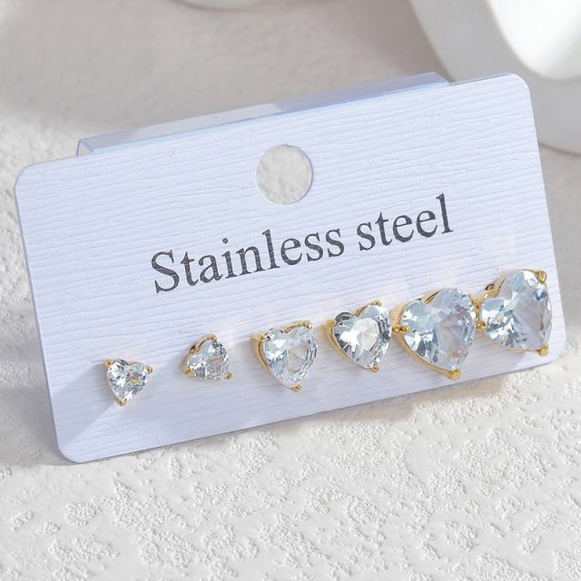 3pair diamond heart stainless steel studs earrings set