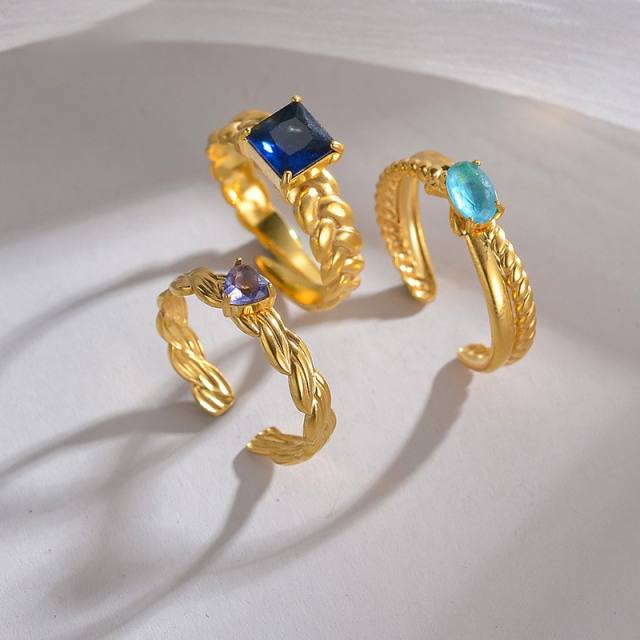 Vintage blue color cubic zircon statement stainless steel finger rings collection