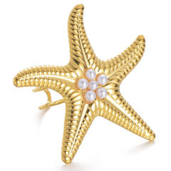 Chunky starfish shape pearl beaded stainless steel finger rings