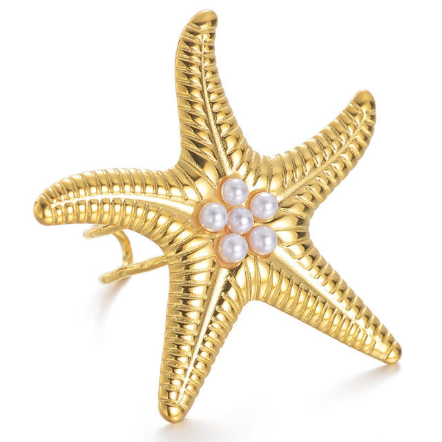 Chunky starfish shape pearl beaded stainless steel finger rings