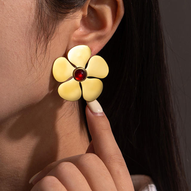 Chunky flower petal red cubic zircon stainless steel earrings