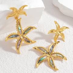 Chunky ocean beach trend palm leaf starfish stainless steel dangle earrings