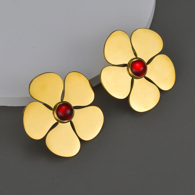 Chunky flower petal red cubic zircon stainless steel earrings