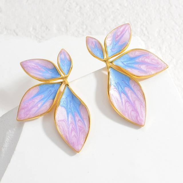 Summer color enamel flower petal stainless steel earrings