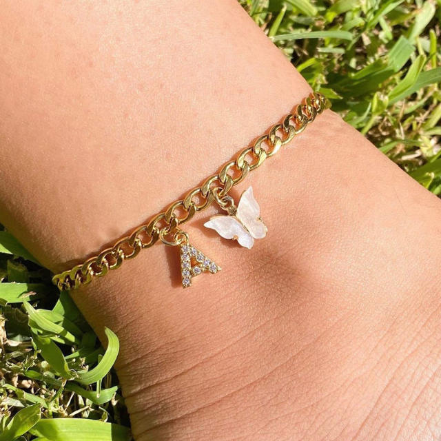 Summer white butterfly charm diamond initialletter stainless steel chain anklet