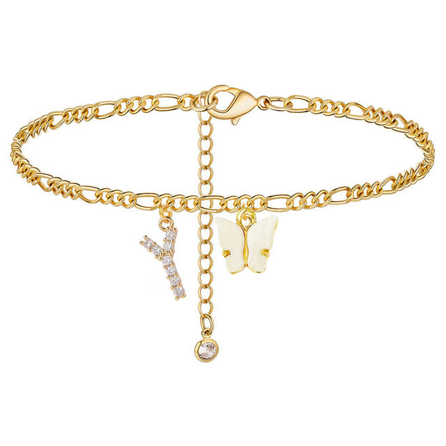Summer white butterfly charm diamond initialletter stainless steel chain anklet