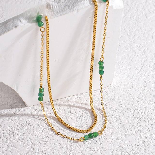 Boho chic pearl bead green color beaded stainless steel necklace collection layer necklace