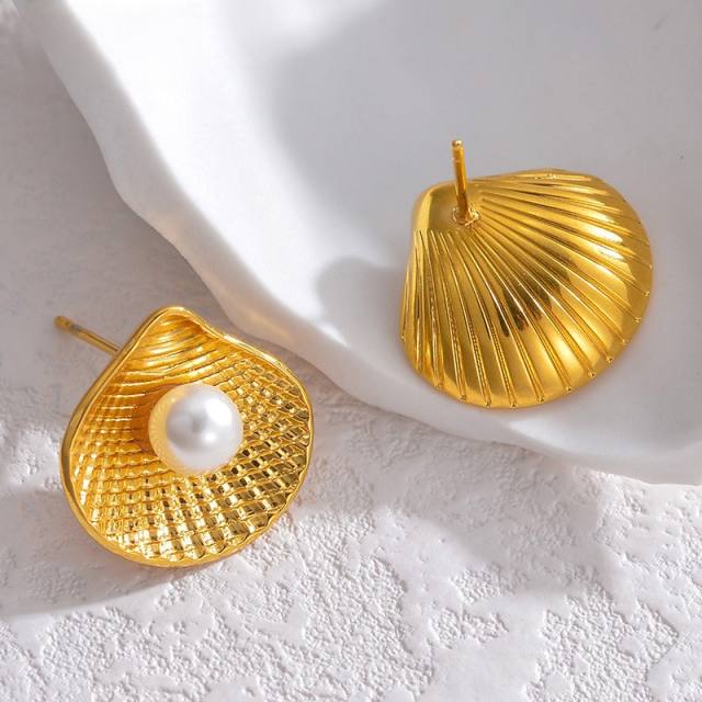 Summer ocean series pearl bead shell stainless steel earrings