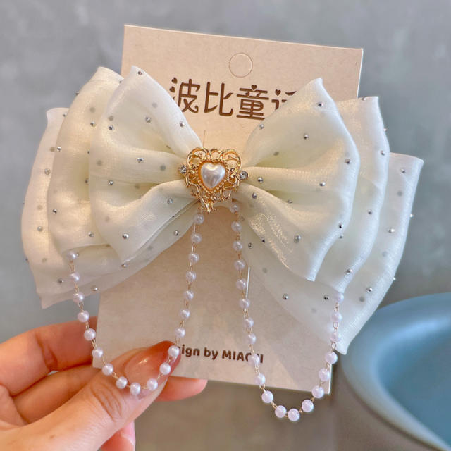 Spring plain color satin bow pearl beaded hair clips for kids