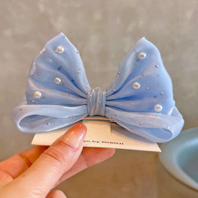 Spring plain color satin bow pearl beaded hair clips for kids