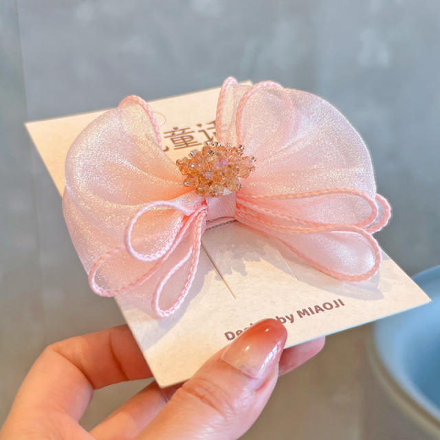 Spring design pink white bow snap hair clips for kids