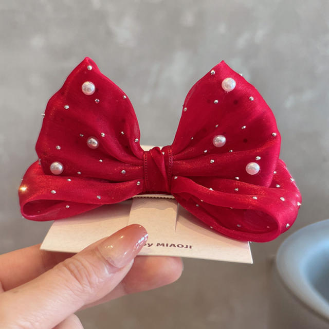 Spring plain color satin bow pearl beaded hair clips for kids