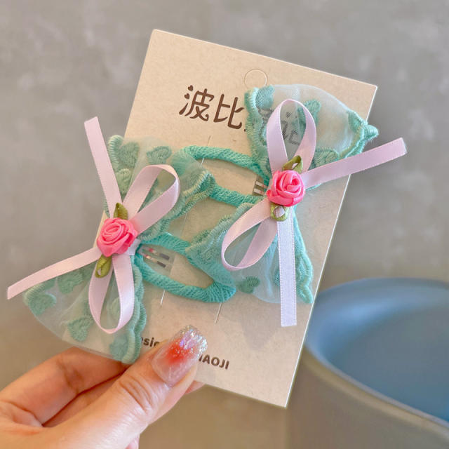 Spring fresh green blue color lace bow snap hair clips for kids