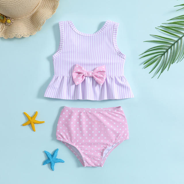 Sweet pink color striped polka dots two piece swimsuit for kids