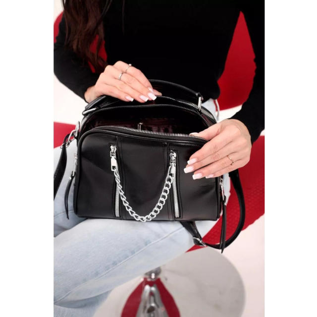 Elegant black color PU material zipper chain crossbody bag