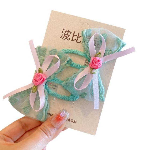 Spring fresh green blue color lace bow snap hair clips for kids