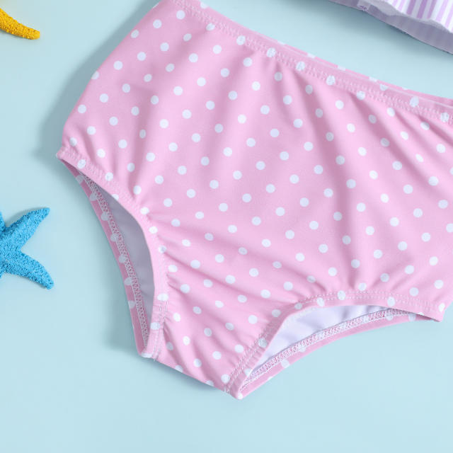 Sweet pink color striped polka dots two piece swimsuit for kids